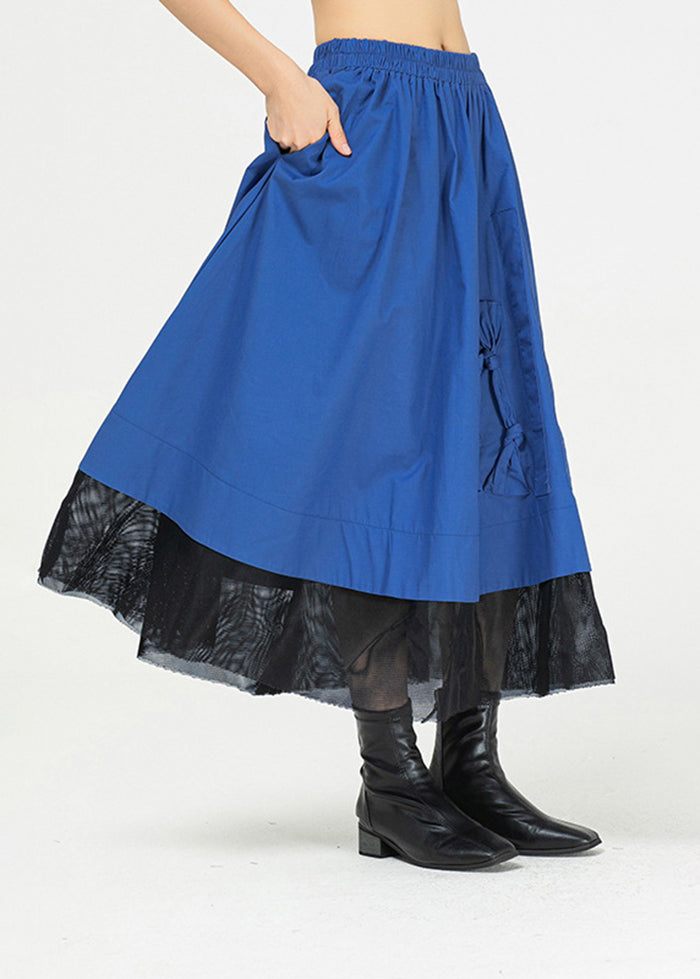 Classy Blue Elastic Waist Tulle Patchwork Bow Cotton Skirt Summer