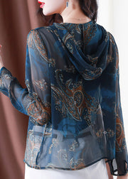 Classy Blue Embroidered Button Hooded Tulle Coat Long Sleeve
