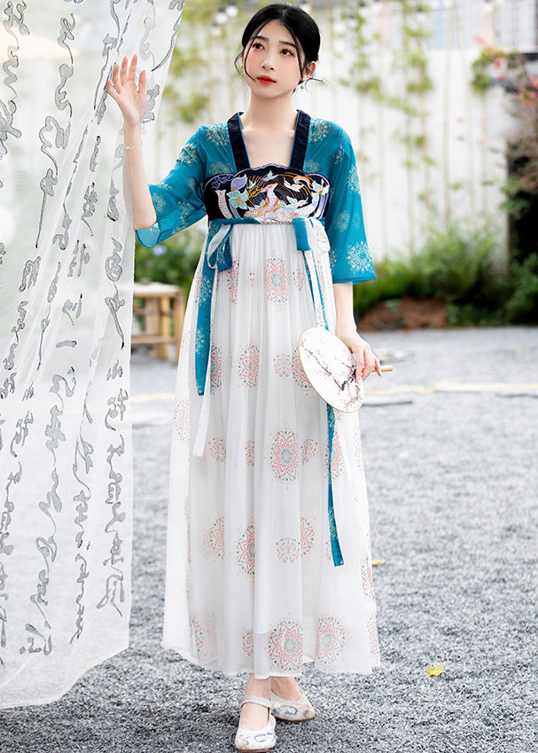 Classy Blue Embroidered Lace Up Patchwork Chiffon Dress Summer