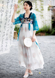 Classy Blue Embroidered Lace Up Patchwork Chiffon Dress Summer