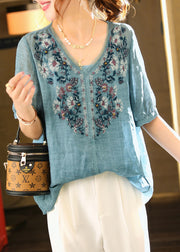 Classy Blue Embroidered Nail Bead Linen Blouse Two Piece Set Summer