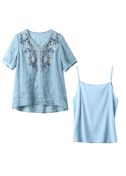Classy Blue Embroidered Nail Bead Linen Blouse Two Piece Set Summer