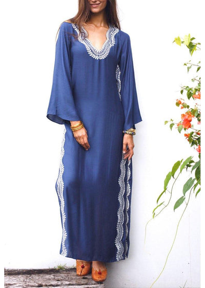 Classy Blue Embroideried Oriental Beach Gown Mid Summer Cotton Dress - SooLinen