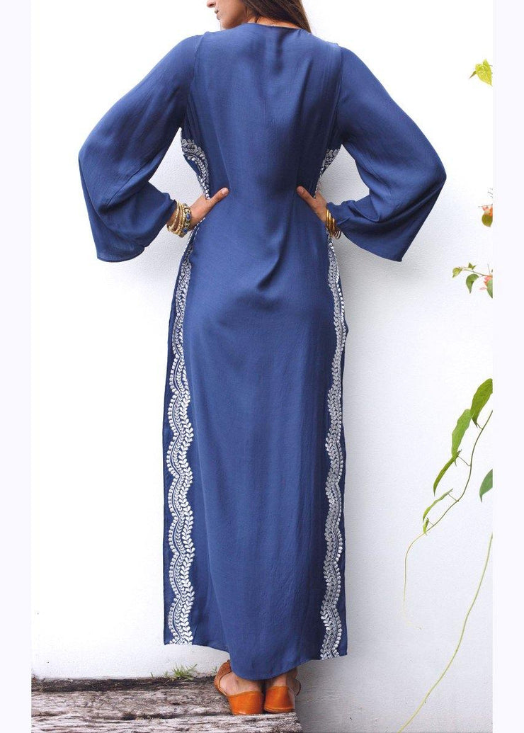 Classy Blue Embroideried Oriental Beach Gown Mid Summer Cotton Dress - SooLinen