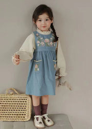 Classy Blue Embroidered Pockets Patchwork Cotton Girls Two Pieces Set Fall