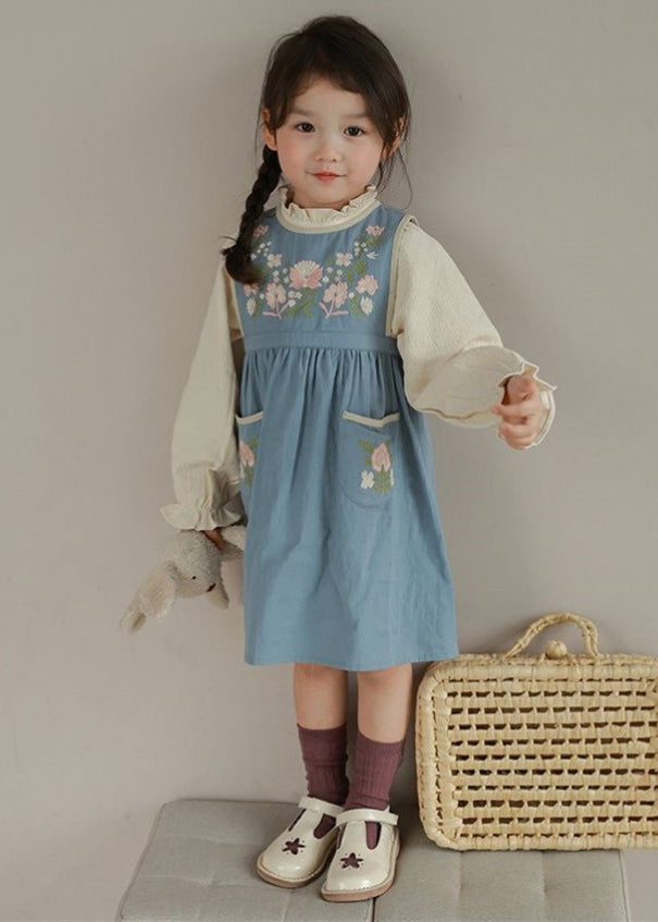 Classy Blue Embroidered Pockets Patchwork Cotton Girls Two Pieces Set Fall