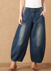 Classy Blue High Waist Pockets Patchwork Cotton Harem Pants Summer