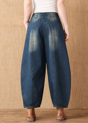 Classy Blue High Waist Pockets Patchwork Cotton Harem Pants Summer