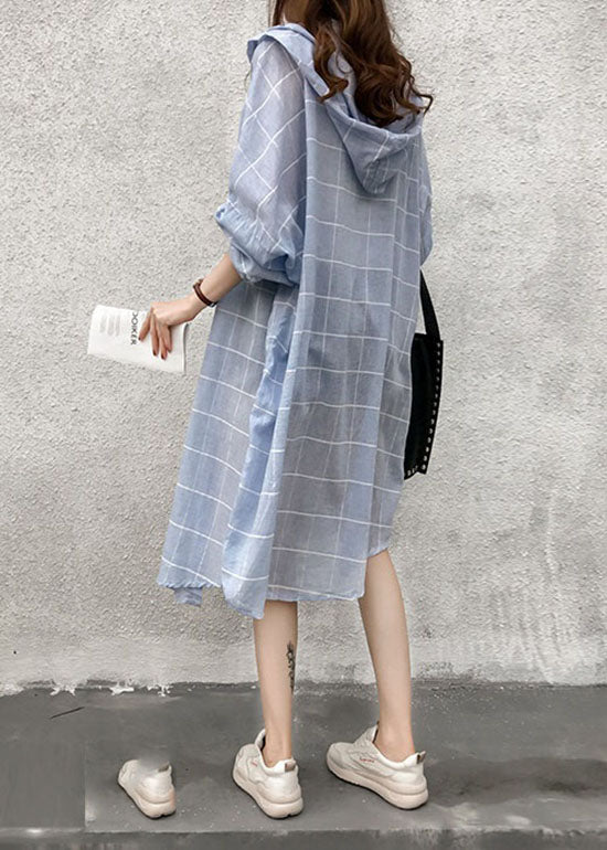 Classy Blue Hooded Plaid Cotton Trench Spring