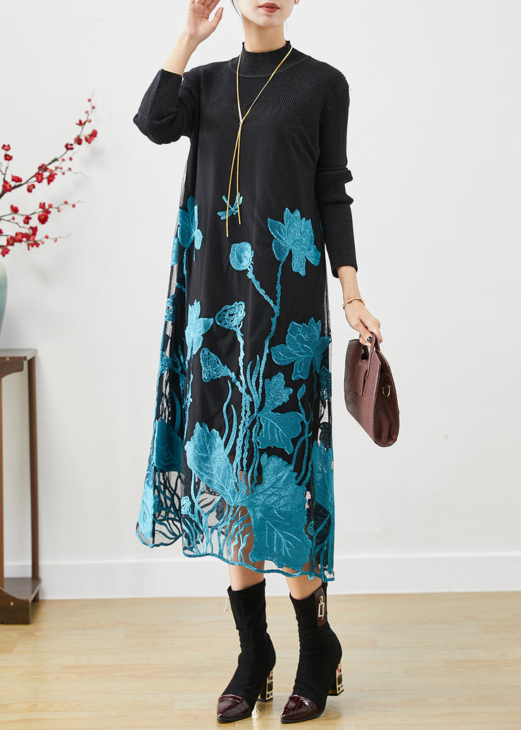 Classy Blue Lotus Embroidered Patchwork Knit Holiday Dress Fall