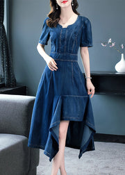 Classy Blue O-Neck Asymmetrical Patchwork Solid Cotton Holiday Denim Maxi Dress Short Sleeve
