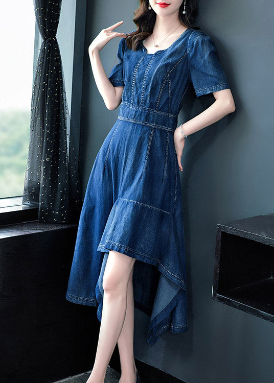 Classy Blue O-Neck Asymmetrical Patchwork Solid Cotton Holiday Denim Maxi Dress Short Sleeve