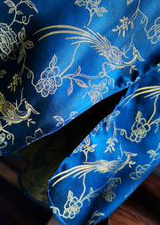 Classy Blue O Neck Patchwork Jacquard Silk Tops Spring
