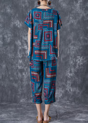 Classy Blue O-Neck Print Linen Silk Women Sets 2 Pieces Summer