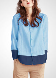 Classy Blue Oversized Patchwork Cotton Blouse Tops Long Sleeve