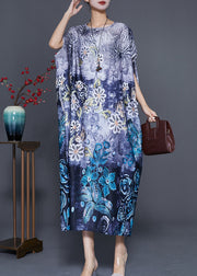Classy Blue Oversized Print Silk Maxi Dress Batwing Sleeve