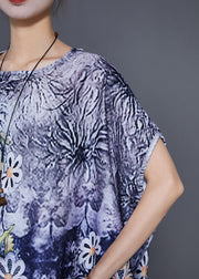 Classy Blue Oversized Print Silk Maxi Dress Batwing Sleeve