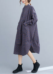 Classy Blue Plaid Button Patchwork Pockets Fall Top Long sleeve Dresses