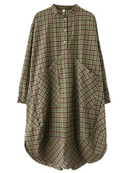 Classy Blue Plaid Button Patchwork Pockets Fall Top Long sleeve Dresses