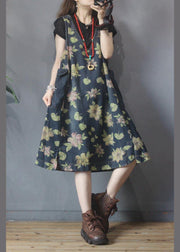 Classy Blue Print Green Floral Cotton side open Summer Maxi Dresses - SooLinen