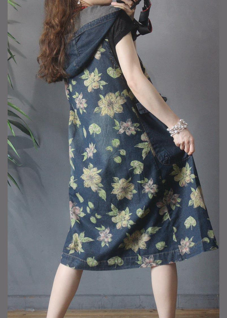 Classy Blue Print Green Floral Cotton side open Summer Maxi Dresses - SooLinen