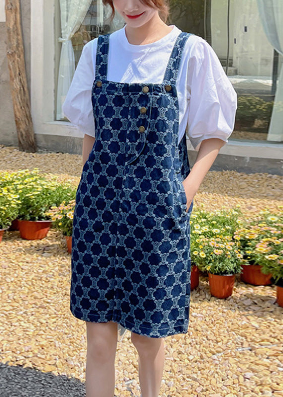 Classy Blue Print Patchwork Button Denim Mid Dress Summer