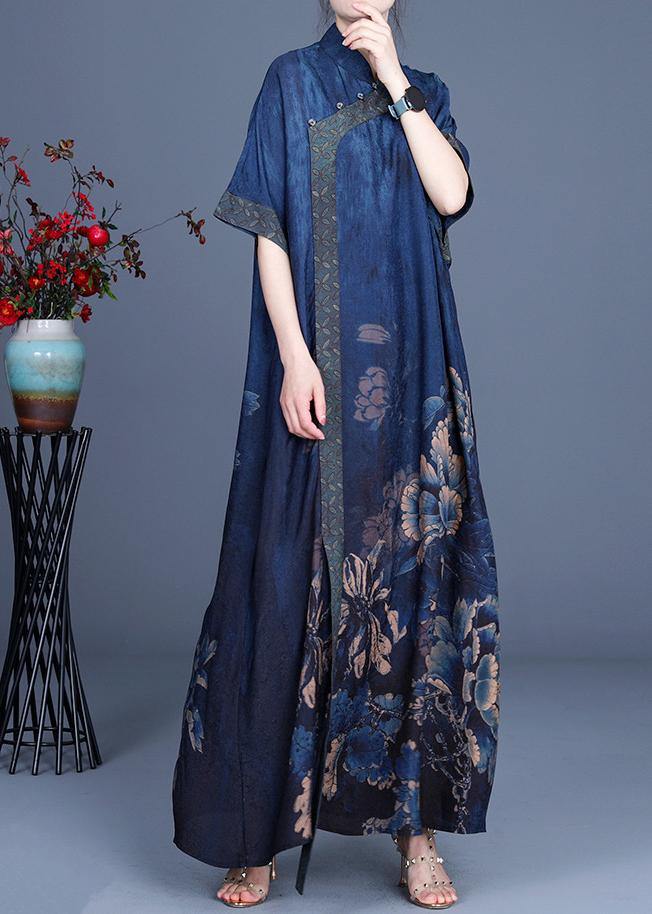 Classy Blue Print Patchwork Oriental Long Dress Summer - SooLinen