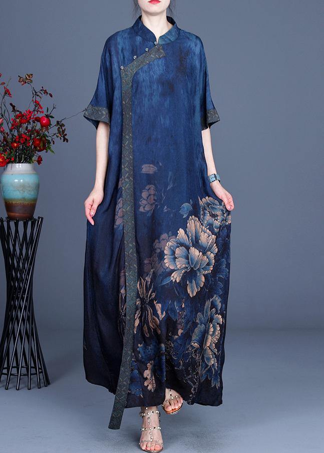 Classy Blue Print Patchwork Oriental Long Dress Summer - SooLinen