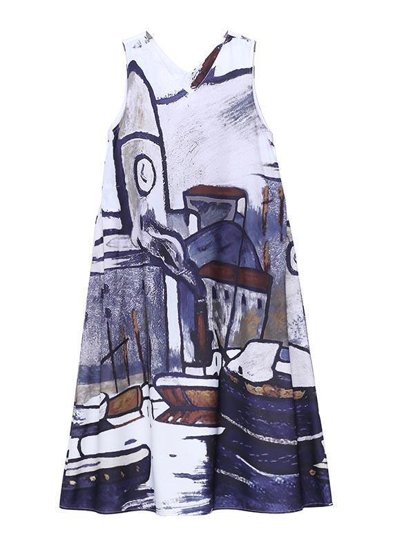 Classy Blue Print Sleeveless Maxi Dresses Summer - SooLinen