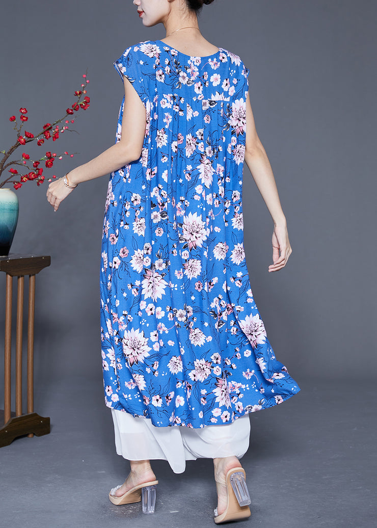 Classy Blue Print Wrinkled Cotton A Line Dresses Summer