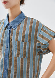 Classy Blue Puff Sleeve Striped Cotton Shirt Top Summer