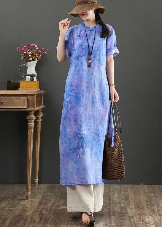 Classy Blue Purple Print Button Ankle Summer Linen Dress - SooLinen