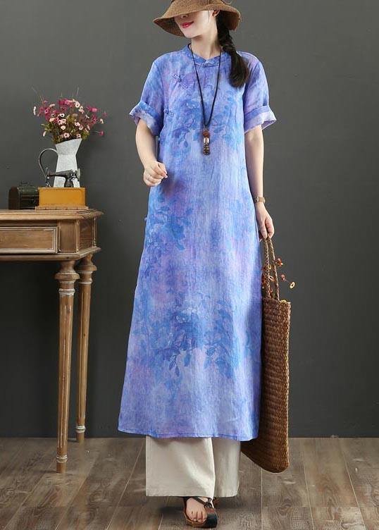 Classy Blue Purple Print Button Ankle Summer Linen Dress - SooLinen