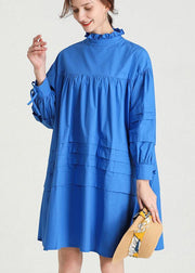 Classy Blue Ruffled Cotton Spring Mid Dress - SooLinen