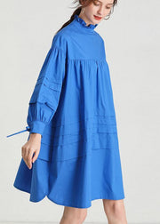 Classy Blue Ruffled Cotton Spring Mid Dress - SooLinen