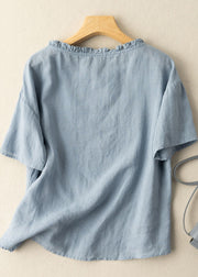 Classy Blue Ruffled Embroidered Patchwork Cotton T Shirts Tops Summer