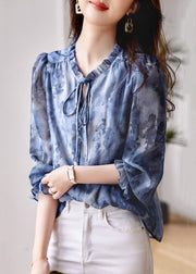 Classy Blue Ruffled Print Patchwork Chiffon Shirts Top Long Sleeve