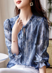 Classy Blue Ruffled Print Patchwork Chiffon Shirts Top Long Sleeve