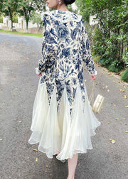Classy Blue Ruffled Print Tulle Patchwork Silk Velour Long Dresses Spring