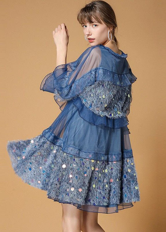 Classy Blue Sequins Velour Patchwork Tulle Day Dress Half Sleeve