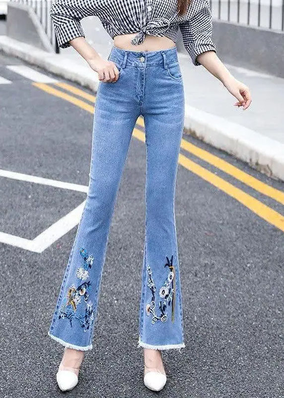 Classy Blue Slim Fit High Waist Embroidered Cotton Denim Flare Pants Summer