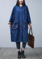 Classy Blue Stand Collar Oversized Pockets Cotton Denim Trench Coat Spring