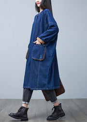 Classy Blue Stand Collar Oversized Pockets Cotton Denim Trench Coat Spring