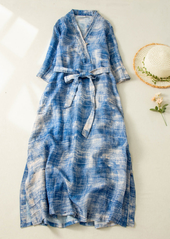 Classy Blue Tie Dye Side Open Tie Waist Linen Long Dresses Summer