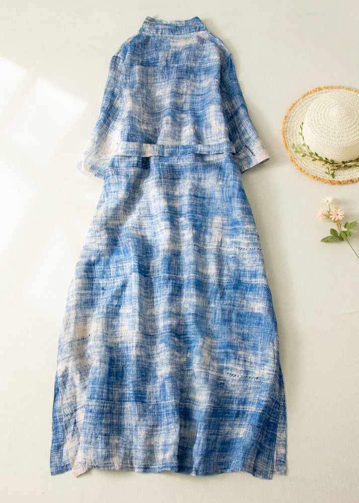 Classy Blue Tie Dye Side Open Tie Waist Linen Long Dresses Summer