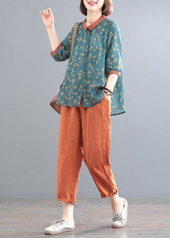 Classy Blue Tops And Orange Pants Linen Two Pieces Set Summer