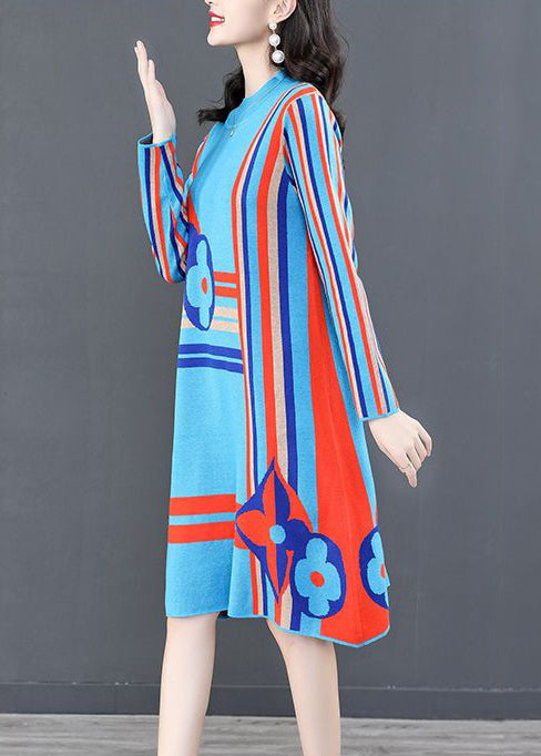 Classy Blue Turtleneck Striped Patchwork Cotton Knit Mid Dress Winter