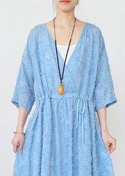 Classy Blue V Neck Cinched Hollow Out Chiffon Maxi Dress Long Sleeve