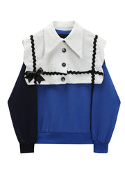 Classy Blue White Colorblock Peter Pan Collar Bow Patchwork Knit Sweatshirt Long Sleeve