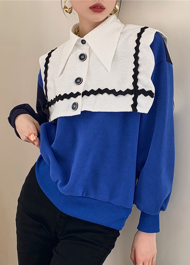 Klassisches, blau-weißes Colorblock-Bubikragen-Bogen-Patchwork-Strick-Sweatshirt mit langen Ärmeln